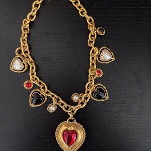Vintage chunky Gold Heart Charm Necklace with Red and Black Accents
